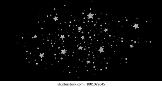Silver star of confetti. Falling starry background. Random stars shine on a black background. The dark sky with shining stars. Flying confetti. Suitable for your design, cards, invitations, gifts.