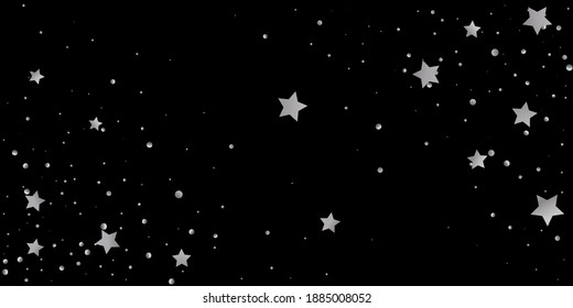 Silver star of confetti. Falling starry background. Random stars shine on a black background. The dark sky with shining stars. Flying confetti. Suitable for your design, cards, invitations, gifts. 