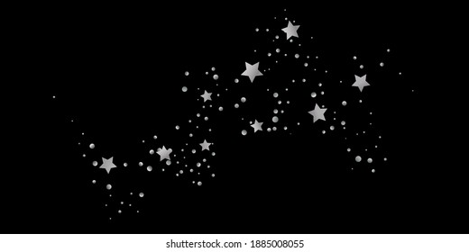 Silver star of confetti. Falling starry background. Random stars shine on a black background. The dark sky with shining stars. Flying confetti. Suitable for your design, cards, invitations, gifts. 