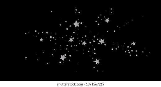 Silver star of confetti. Falling starry background. Random stars shine on a black background. The dark sky with shining stars. Flying confetti. Suitable for your design, cards, invitations, gifts. 