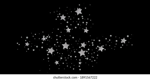 Estrella plateada de confetti. Se está cayendo el fondo estrellado. Las estrellas al azar brillan en un fondo negro. El cielo oscuro con estrellas brillantes. Confeti volador. Adecuado para tu diseño, tarjetas, invitaciones, regalos. 