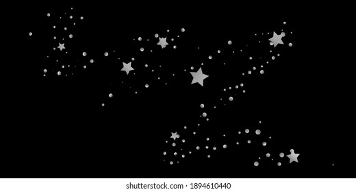 Silver star of confetti. Falling starry background. Random stars shine on a black background. The dark sky with shining stars. Flying confetti. Suitable for your design, cards, invitations, gifts. 