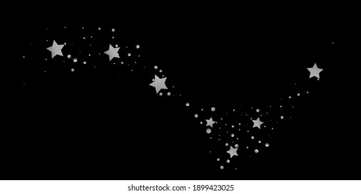 Silver star of confetti. Falling starry background. Random stars shine on a black background. The dark sky with shining stars. Flying confetti. Suitable for your design, cards, invitations, gifts. 