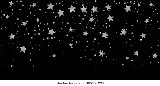 Silver star of confetti. Falling starry background. Random stars shine on a black background. The dark sky with shining stars. Flying confetti. Suitable for your design, cards, invitations, gifts. 