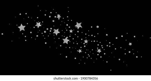 Estrella plateada de confetti. Se está cayendo el fondo estrellado. Las estrellas al azar brillan en un fondo negro. El cielo oscuro con estrellas brillantes. Confeti volador. Adecuado para tu diseño, tarjetas, invitaciones, regalos. 