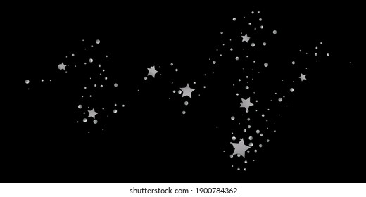 Silver star of confetti. Falling starry background. Random stars shine on a black background. The dark sky with shining stars. Flying confetti. Suitable for your design, cards, invitations, gifts. 