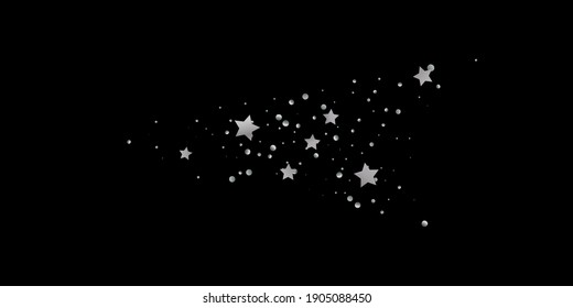 Silver star of confetti. Falling starry background. Random stars shine on a black background. The dark sky with shining stars. Flying confetti. Suitable for your design, cards, invitations, gifts. 