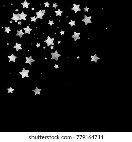 Silver star confetti. Falling starry anniversary background. Grey and black vector christmas card. Random silver stars on black background. Dark sky with white shiny watercolor stars. Flying confetti.