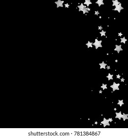 Silver star confetti. Falling starry anniversary background. Grey and black vector christmas card. Random silver stars on black background. Dark sky with white shiny watercolor stars. Flying confetti.