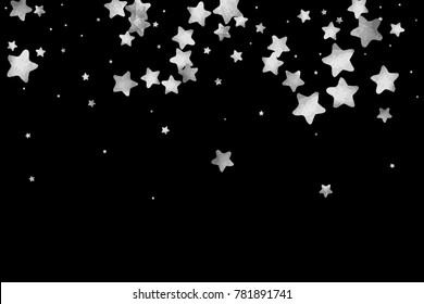 Silver star confetti. Falling starry anniversary background. Grey and black vector christmas card. Random silver stars on black background. Dark sky with white shiny watercolor stars. Flying confetti.