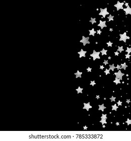 Silver star confetti. Falling starry anniversary background. Grey and black vector christmas card. Random silver stars on black background. Dark sky with white shiny watercolor stars. Flying confetti.