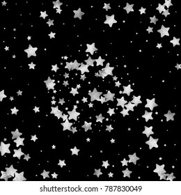 Silver star confetti. Falling starry anniversary background. Grey and black vector christmas card. Random silver stars on black background. Dark sky with white shiny watercolor stars. Flying confetti.