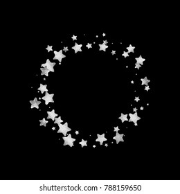 Silver star confetti. Falling starry anniversary background. Grey and black vector christmas card. Random silver stars on black background. Dark sky with white shiny watercolor stars. Flying confetti.