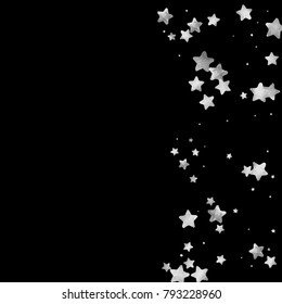 Silver star confetti. Falling starry anniversary background. Grey and black vector christmas card. Random silver stars on black background. Dark sky with white shiny watercolor stars. Flying confetti.