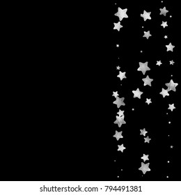 Silver star confetti. Falling starry anniversary background. Grey and black vector christmas card. Random silver stars on black background. Dark sky with white shiny watercolor stars. Flying confetti.