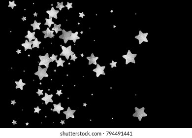 Silver star confetti. Falling starry anniversary background. Grey and black vector christmas card. Random silver stars on black background. Dark sky with white shiny watercolor stars. Flying confetti.