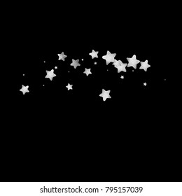 Silver star confetti. Falling starry anniversary background. Grey and black vector christmas card. Random silver stars on black background. Dark sky with white shiny watercolor stars. Flying confetti.