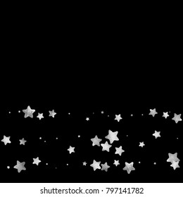 Silver star confetti. Falling starry anniversary background. Grey and black vector christmas card. Random silver stars on black background. Dark sky with white shiny watercolor stars. Flying confetti.