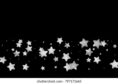 Silver star confetti. Falling starry anniversary background. Grey and black vector christmas card. Random silver stars on black background. Dark sky with white shiny watercolor stars. Flying confetti.