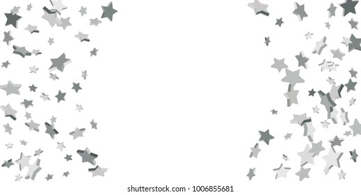 Silver star of confetti. Falling stars on a white background. Illustration of flying shiny stars. Decorative element. Suitable for your design, cards, invitations, gift, vip.