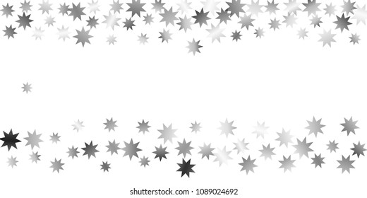 Silver star of confetti. Falling stars on a white background. Illustration of flying shiny stars. Decorative element. Suitable for your design, cards, invitations, gift, vip. 