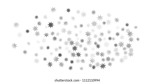 Silver star of confetti. Falling stars on a white background. Illustration of flying shiny stars. Decorative element. Suitable for your design, cards, invitations, gift, vip. 