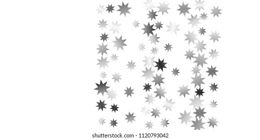 Silver star of confetti. Falling stars on a white background. Illustration of flying shiny stars. Decorative element. Suitable for your design, cards, invitations, gift, vip. 