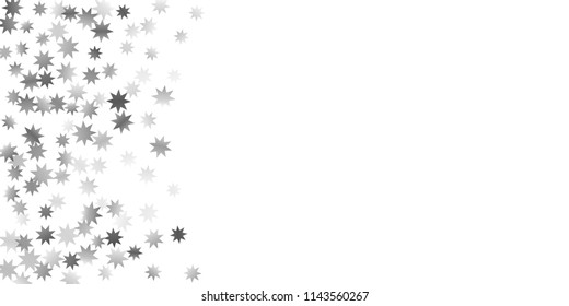 Silver star of confetti. Falling stars on a white background. Illustration of flying shiny stars. Decorative element. Suitable for your design, cards, invitations, gift, vip. 