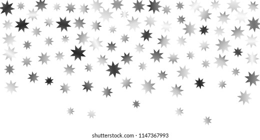 Silver star of confetti. Falling stars on a white background. Illustration of flying shiny stars. Decorative element. Suitable for your design, cards, invitations, gift, vip. 