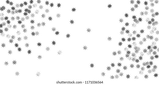 Silver star of confetti. Falling stars on a white background. Illustration of flying shiny stars. Decorative element. Suitable for your design, cards, invitations, gift, vip. 