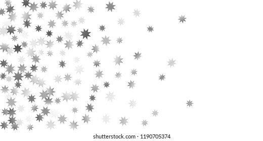 Silver star of confetti. Falling stars on a white background. Illustration of flying shiny stars. Decorative element. Suitable for your design, cards, invitations, gift, vip. 