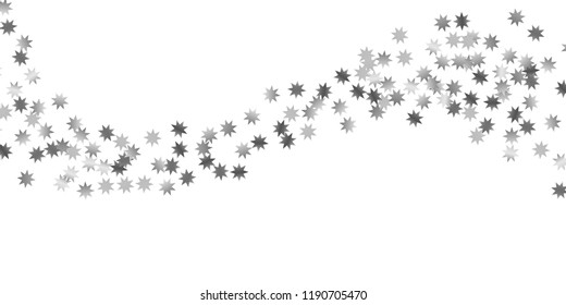 Silver star of confetti. Falling stars on a white background. Illustration of flying shiny stars. Decorative element. Suitable for your design, cards, invitations, gift, vip. 