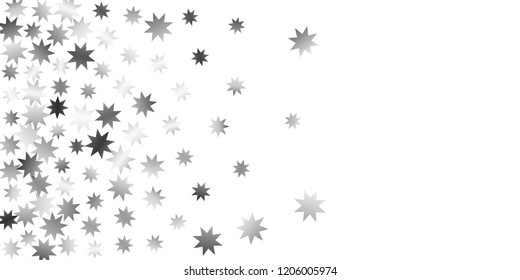 Silver star of confetti. Falling stars on a white background. Illustration of flying shiny stars. Decorative element. Suitable for your design, cards, invitations, gift, vip. 