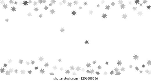 Silver star of confetti. Falling stars on a white background. Illustration of flying shiny stars. Decorative element. Suitable for your design, cards, invitations, gift, vip. 