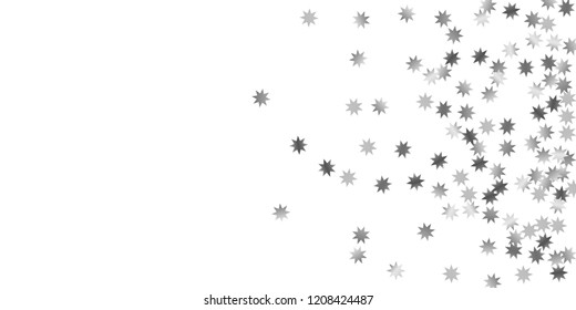 Silver star of confetti. Falling stars on a white background. Illustration of flying shiny stars. Decorative element. Suitable for your design, cards, invitations, gift, vip. 
