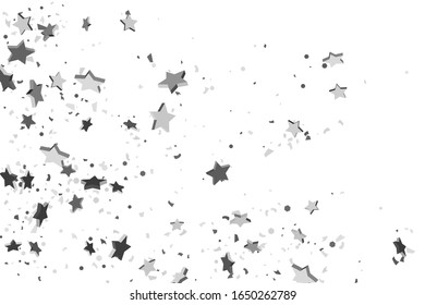 Silver star of confetti. Falling stars on a white background. Illustration of flying shiny stars. Decorative element. Suitable for your design, cards, invitations, gift, vip. 