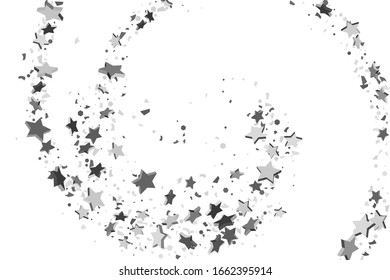Silver star of confetti. Falling stars on a white background. Illustration of flying shiny stars. Decorative element. Suitable for your design, cards, invitations, gift, vip. 