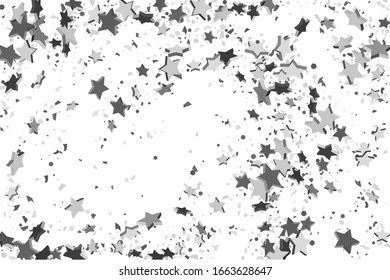 Silver star of confetti. Falling stars on a white background. Illustration of flying shiny stars. Decorative element. Suitable for your design, cards, invitations, gift, vip. 