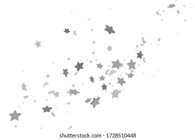 Silver star of confetti. Falling stars on a white background. Illustration of flying shiny stars. Decorative element. Suitable for your design, cards, invitations, gift, vip. 