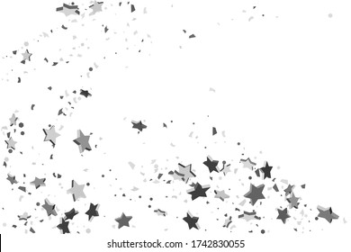 Silver star of confetti. Falling stars on a white background. Illustration of flying shiny stars. Decorative element. Suitable for your design, cards, invitations, gift, vip. 