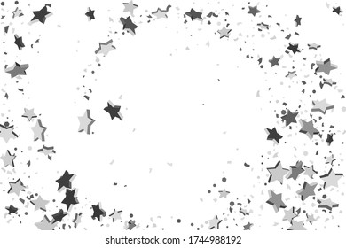 Silver star of confetti. Falling stars on a white background. Illustration of flying shiny stars. Decorative element. Suitable for your design, cards, invitations, gift, vip. 