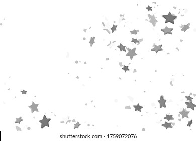 Silver star of confetti. Falling stars on a white background. Illustration of flying shiny stars. Decorative element. Suitable for your design, cards, invitations, gift, vip. 