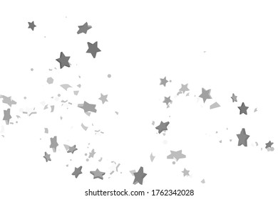 Silver star of confetti. Falling stars on a white background. Illustration of flying shiny stars. Decorative element. Suitable for your design, cards, invitations, gift, vip. 