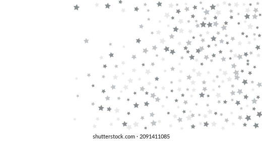 Silver star confetti. Falling stars on a white background. Illustration of flying shining stars. Decorative element. Suitable for your design, postcards, invitations, gift, vip.