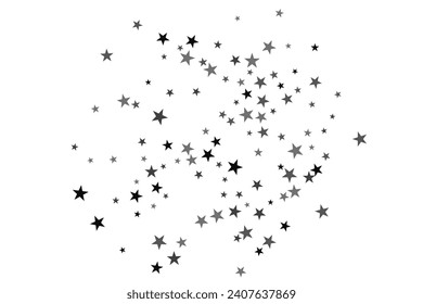 Silver star of confetti. Falling stars on a white background. Illustration of flying shiny stars. Decorative element. Suitable for your design, cards, invitations, gift, vip. 