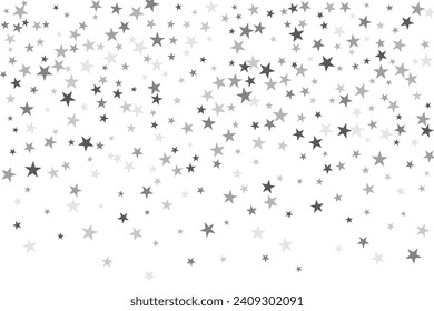 Silver star of confetti. Falling stars on a white background. Illustration of flying shiny stars. Decorative element. Suitable for your design, cards, invitations, gift, vip. 