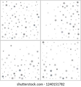 Silver star confetti rain festive holiday backgrounds set. Vector silver paper foil stars falling down isolated on white backgrounds.