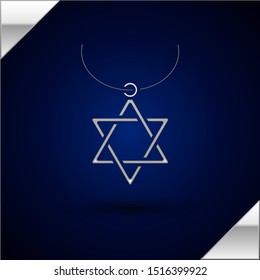 Silver Star of David necklace on chain icon isolated on dark blue background. Jewish religion symbol. Symbol of Israel. Jewellery and accessory.  Vector Illustration