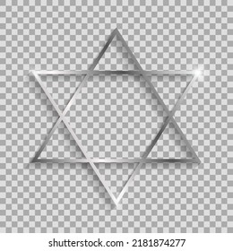 Silver star of David with shadows and highlights isolated on a transparent background.