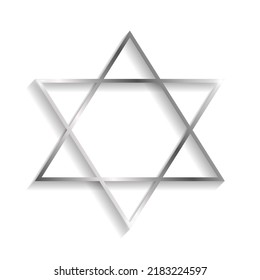 Silver star of David with shadows and highlights isolated on a white background.